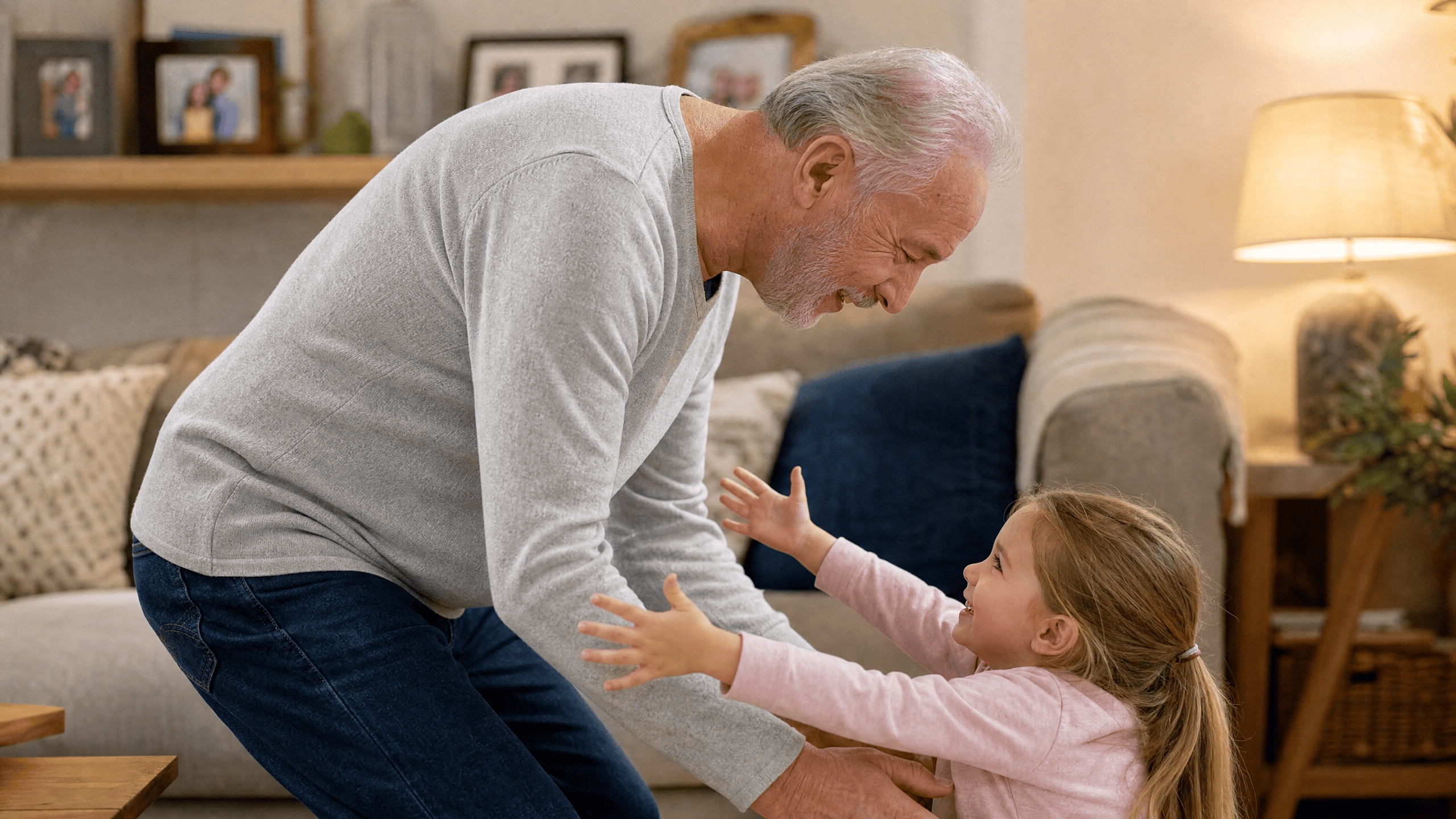 Grandfather looking down comfortably and smiling while building blocks with his grandchildren on the living room rug