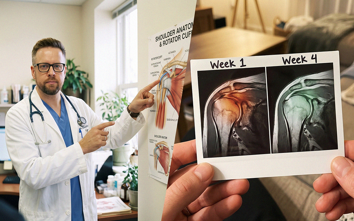 Therapist explaining shoulder muscle anatomy beside a Day 1 vs Day 30 comparison