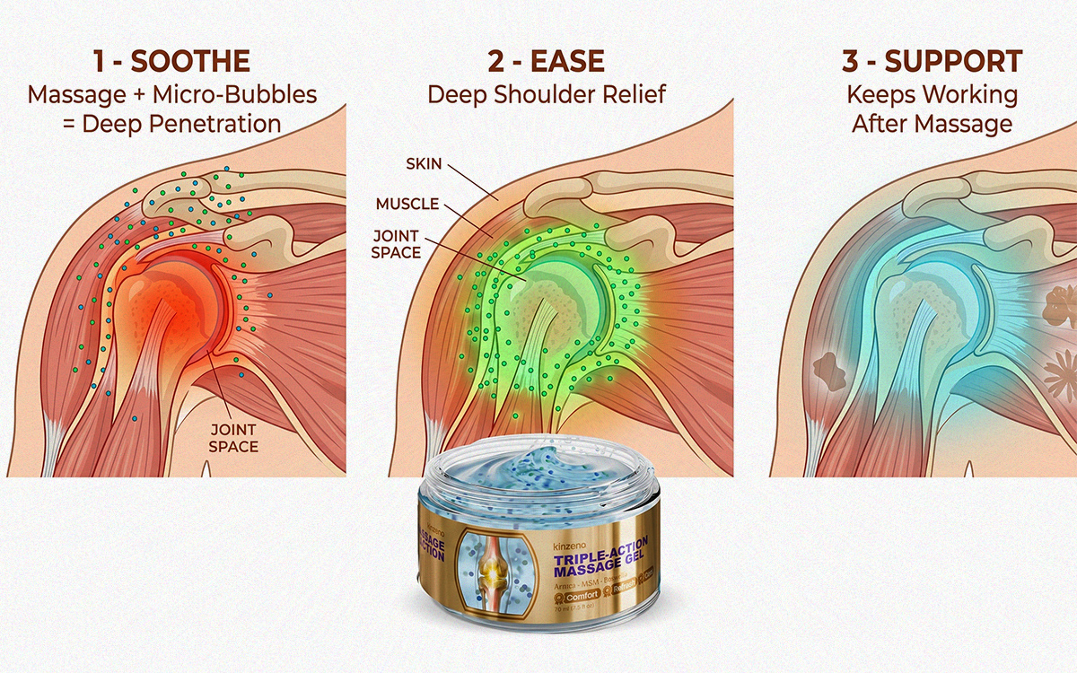 Scientific diagram showing Kinzeno's 3-phase micro-bubble delivery system penetrating shoulder tissue