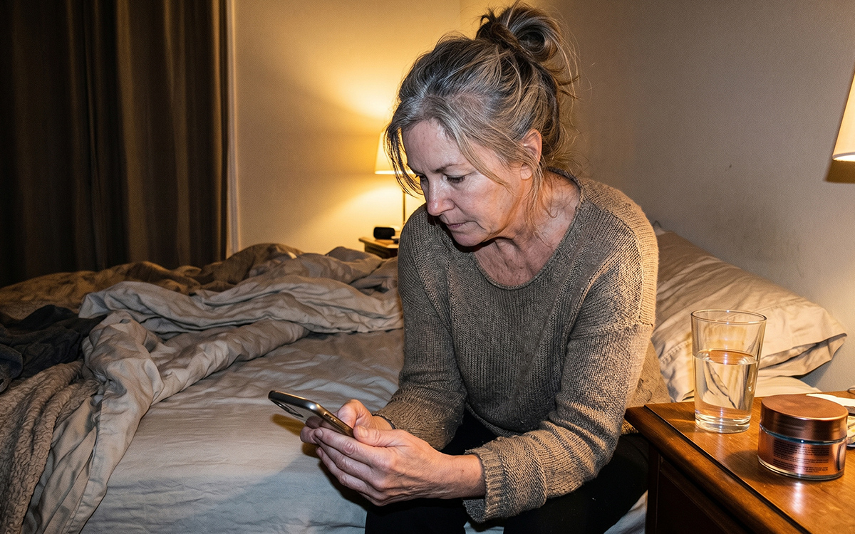 Woman discovering Kinzeno online on her laptop at night
